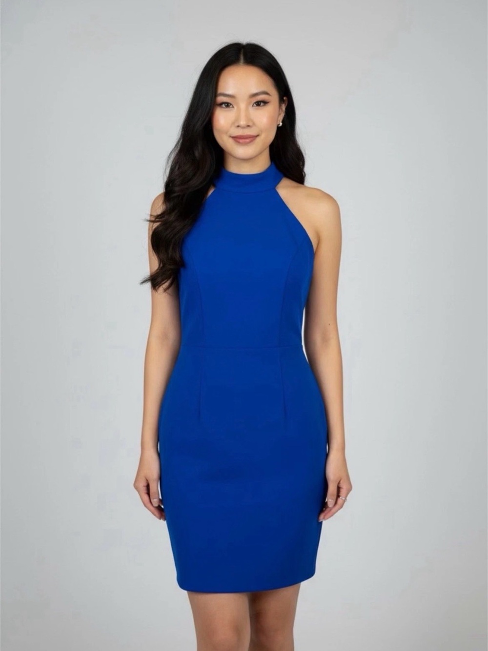Vesper Sleek Cobalt High-Neck Mini Dress